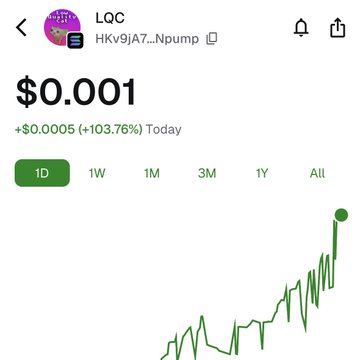A Robinhood Crypto chart for 'LQC' token showing a price of $0.001 with a +103.76% increase today.