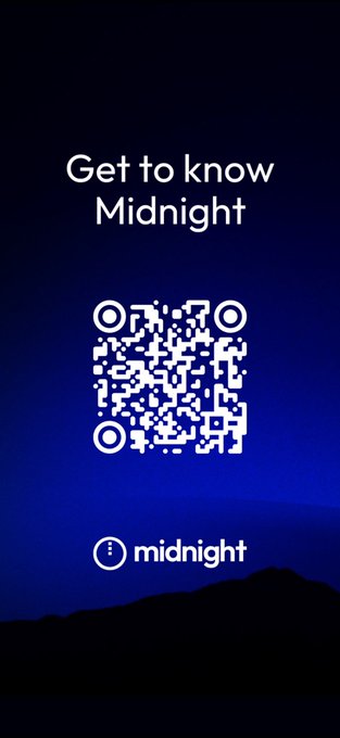 The image features an advertisement for a presentation titled "Get to know Midnight". The poster has a blue background with white text that reads "Get to know Midnight" at the top, and "And if you'd like a copy of my presentation slides, feel free to ask." Below this information is a QR code. The code is black and white, and it appears to be scanning an image of a mountain range in the bottom right corner of the poster.