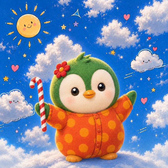 A cute plush penguin wearing an orange polka-dot outfit holds a candy cane against a whimsical blue sky filled with smiling sun, cheerful clouds, hearts, and stars. The illustration perfectly complements the cheerful morning greeting, capturing the sunny, positive vibes the message wishes to send to followers.