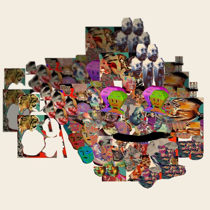 A chaotic digital collage of distorted faces, masks, and surreal imagery in vibrant colors, fittingly titled "bad music art" — the jumbled, glitchy composition on SuperRare visually mirrors the dissonant and overwhelming experience of poorly produced music.