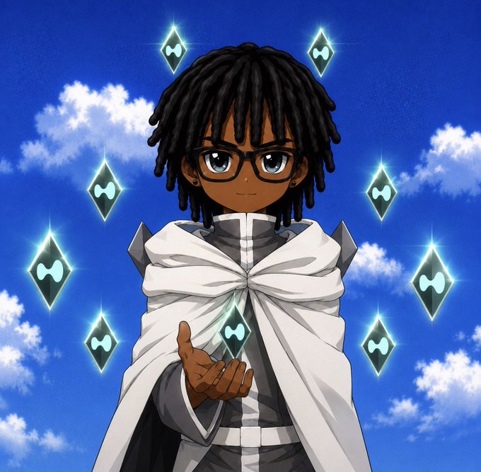 An anime-style illustration of a character with dark dreadlocks and glasses wearing a white cape, holding and surrounded by glowing diamond-shaped objects against a bright blue cloudy sky.