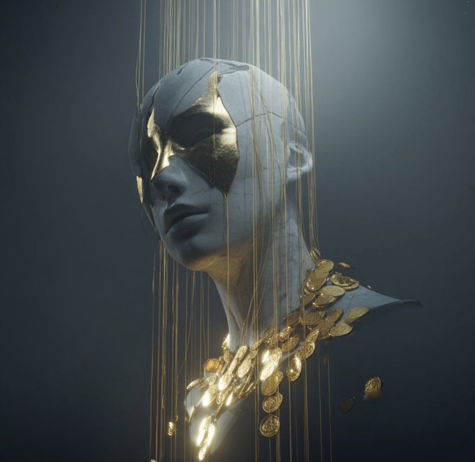 A pale, cracked humanoid bust with a gold mask fragment draped in gold coin necklaces, evoking themes of gilded suffering and divine fragmentation — fitting imagery for the NFT collection "INNER KINGDOM: GUILDED AGONY," whose name echoes the figure's cracked facade and ornamental golden adornments symbolizing pain intertwined with wealth.