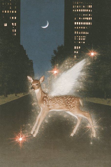 An artistic collage depicts a fawn with white wings, glowing sparkles, and star bursts standing on a road at night between two tall buildings with lit windows, under a crescent moon.