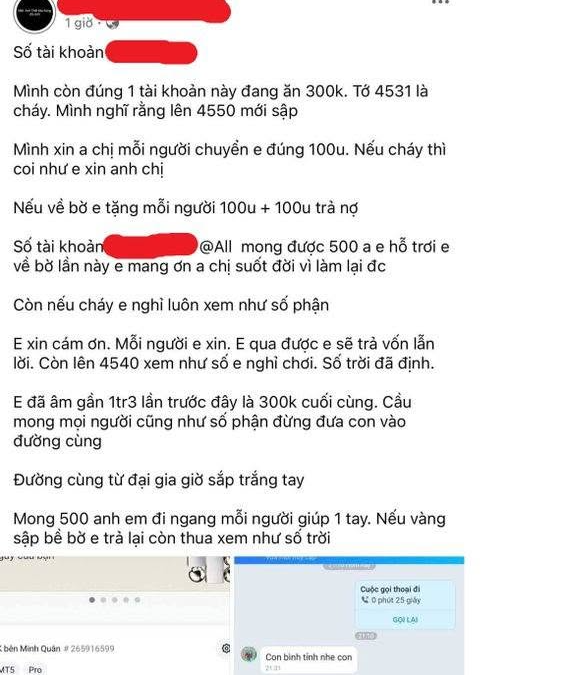 A screenshot of a Vietnamese social media post describing financial losses and asking for support, with a phone screen showing a call to 'Cục gọi thoại di động' (mobile carrier).