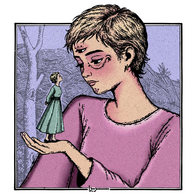 An artistic illustration shows a person with short hair in a purple top looking down at a miniature figure of a woman in a green dress standing on their hand.