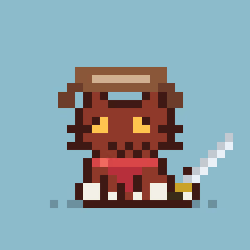 A pixel art illustration of a person with brown hair, yellow eyes, and a sword on a blue background, appearing to be in a chibi or retro game style.