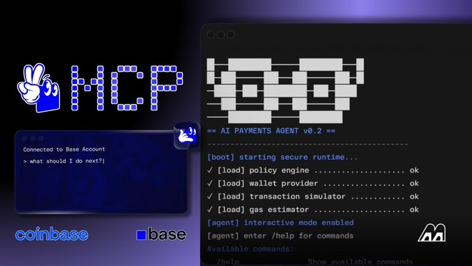 A promotional graphic showcasing the "MCP" platform integrated with Coinbase and Base, featuring an AI Payments Agent (v0.2) booting sequence on a terminal interface, highlighting a wallet provider, policy engine, transaction simulator, and gas estimator as ready components.