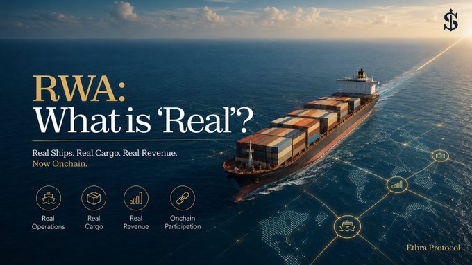 A large cargo ship loaded with shipping containers sails across a vast ocean at sunset, with a digital network overlay connecting points across the water. The image features the text "RWA: What is 'Real'?" along with "Real Ships. Real Cargo. Real Revenue. Now Onchain," and highlights "Ethra Protocol" with icons for Real Operations, Real Cargo, Real Revenue, and Onchain Participation.

The image complements the post by visually representing Ethra Protocol's concept of tokenizing real-world shipping assets—showing actual cargo ships and global trade routes to emphasize how the platform brings tangible maritime operations onchain, rather than creating a token without real-world utility.