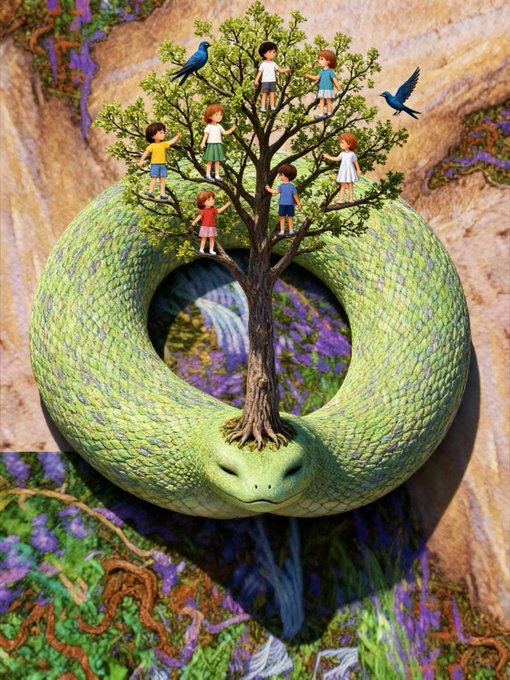 A surreal digital artwork shows a green snake coiled into a torus (donut) shape, with a small tree growing from its center and several cartoon children standing on the tree's branches alongside two blue birds.