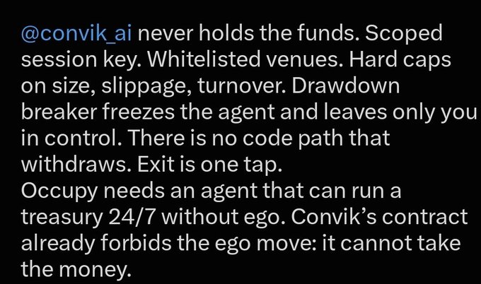 A text post about @convik_ai describes its security features, noting it never holds funds, uses scoped session keys, whitelisted venues, hard caps, and a drawdown breaker that prevents withdrawals.