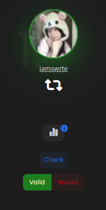 A dark user interface showing a profile picture with a hamster wearing a hood, username 'iamswrte', and buttons labeled 'Check', 'Valid', and 'Invalid'.