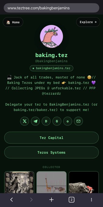 A mobile screenshot of a profile page on tezztree.com for 'baking.tez' (@bakingbenjamins), showing their address bakingbenjamins.tez and links to Tez Capital and Tezos Systems.