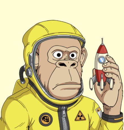 A cartoon illustration of a monkey wearing a yellow hazmat suit with a radiation symbol on it, holding a red and white toy rocket ship.