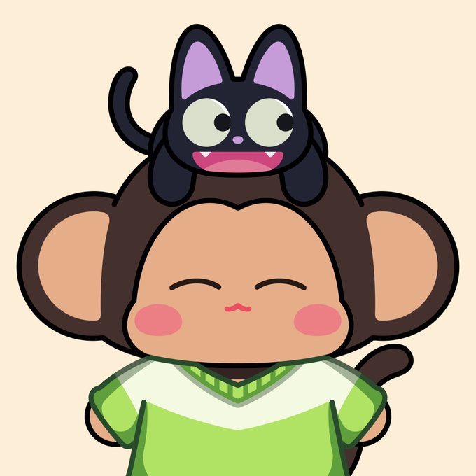 Cartoon illustration of a cute monkey character with closed eyes and blushing cheeks wearing a green shirt, with a small black cat with purple ears sitting on its head.
