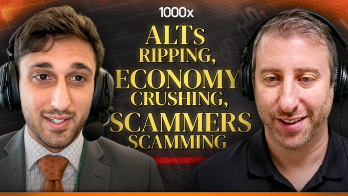 A YouTube-style thumbnail featuring two men wearing headphones with text reading '1000x ALTS RIPPING, ECONOMY CRUSHING, SCAMMERS SCAMMING'.