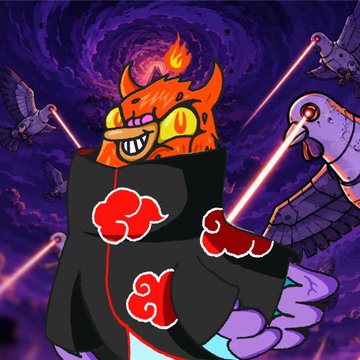The image shows an anime character resembling Akatsuki's Tobi from Naruto, wearing the iconic black cloak with red clouds, a flame burning on his head, and orange Sharingan-like eyes, while being held aloft by a giant purple octopus amid a cosmic purple background. The caption "Still bullish" and "Let's cook" ties perfectly to the post's optimistic stance despite bear market conditions, while the 80 NFTs purchased from @RallyOnChain are likely represented through the Akatsuki imagery — a group known for collecting powerful masked members, paralleling the user's NFT accumulation strategy.