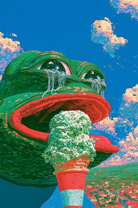 A vibrant, surreal illustration features the iconic green Pepe the Frog with tearful, glossy eyes and an open mouth licking a large scoop of mint chocolate chip ice cream against a bright blue sky with fluffy clouds. The image playfully ties to the caption "Mint Condition," using the mint-colored dessert as a visual pun on the frog's pristine, coveted state in a $10 starting auction bid.