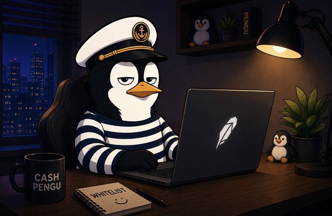 A cartoon illustration of a penguin wearing a sailor hat and striped shirt using a laptop at a desk, surrounded by items like a 'CASH PENGU' mug, a 'WHITELIST' notebook, and a small penguin plush.