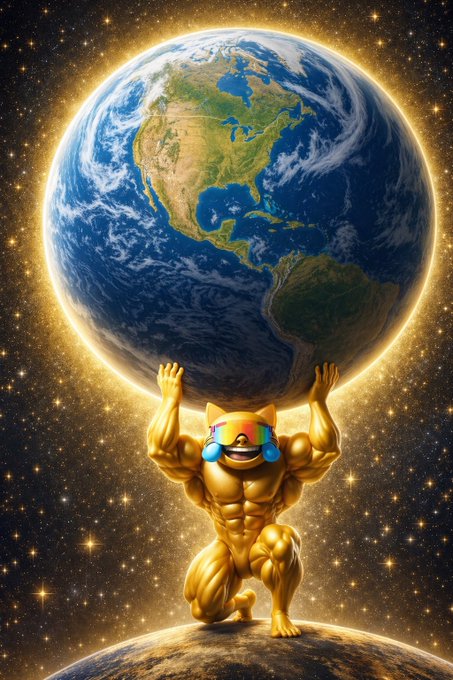 A muscular golden cat mascot lifts the Earth above its head against a starry cosmos, symbolizing immense strength and world-shaking power—mirroring the post's hype of something massive unfolding for the $MOG token.