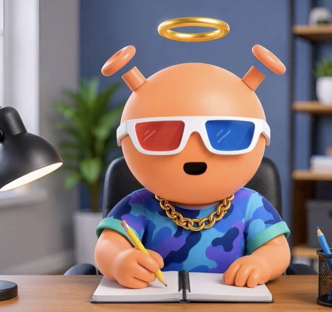 A 3D-rendered character with a round orange head, 3D glasses, and a gold halo sits at a desk holding a yellow pencil over a notebook, wearing a blue camouflage shirt and a chunky gold chain.