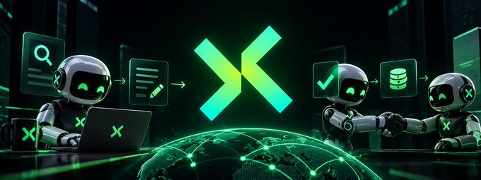 A digital illustration showing two green-glowing robots working with laptops and shaking hands around a globe, with a large green "X" logo in the center.