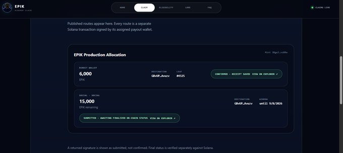EPIK Protocol 'ROUTES' webpage showing EPIK Production Allocation details with 6,000 direct wallet EPIK, 15,000 social EPIK remaining, and a continuation date of September 9, 2026.