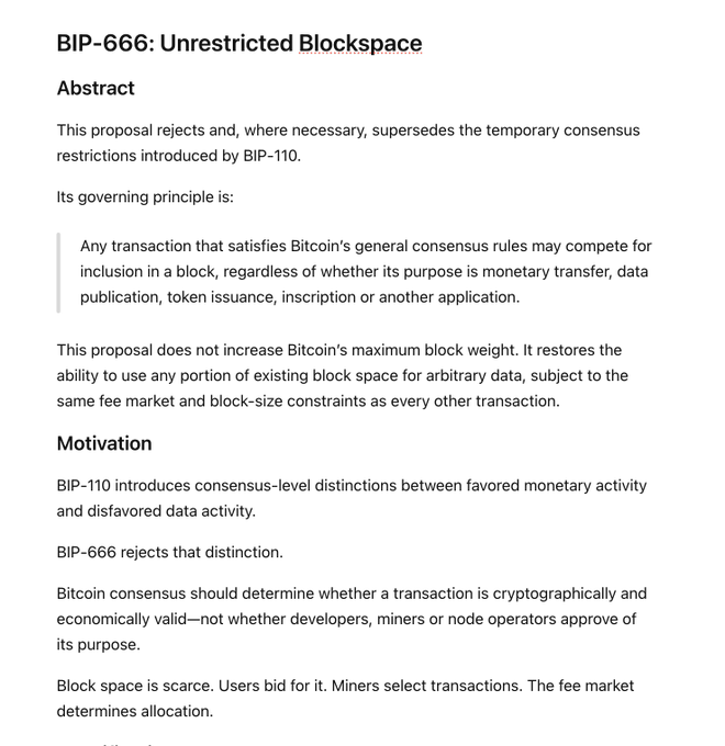 A text document showing 'BIP-666: Unrestricted Blockspace' with an abstract and motivation section arguing that Bitcoin's block space should allow any transaction regardless of its purpose.