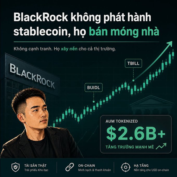 A man stands before a candlestick chart showing the growth of BlackRock's BUIDL and TBILL tokenized funds, with bold text declaring "BlackRock không phát hành stablecoin, họ bán móng nhà" (BlackRock doesn't issue stablecoins, they sell the pickaxes) and highlighting that AUM tokenized has surpassed $2.6B+, visually reinforcing the post's message about BlackRock building the reserve-asset infrastructure layer rather than competing directly with USDT or USDC.
