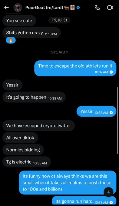 A screenshot of a Twitter/X direct message conversation from 'PoorGoat (re/tard)' discussing escaping 'crypto twitter' with mentions of TikTok, normies bidding, and a token named 'Tg is electric', with the sender noting 'Its gonna run hard'.