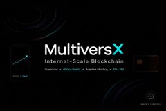 A dark promotional graphic for 'MultiverseX Internet-Scale Blockchain' highlighting Superfast, Ultra Scaly, Adaptive Sharding, and 250+ TPS.