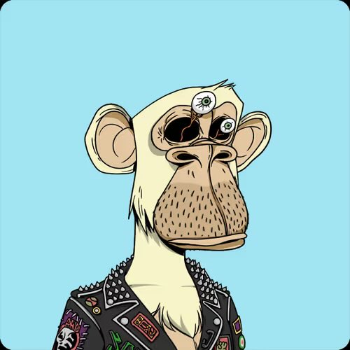 A cartoon-style portrait of a punk-rock-styled monkey with a third eye and studded leather jacket, representing a Bored Ape Yacht Club (BAYC) NFT character. The image connects to the "BAYC" post by showcasing one of the iconic, customizable ape avatars from the popular NFT collection.