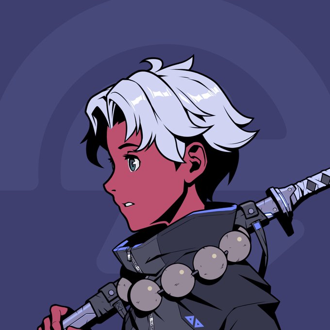 An anime-style illustration of a character with white and black hair and red skin, wearing a dark hoodie and a large beaded necklace, carrying a sword on their back against a purple background with a faint rainbow.