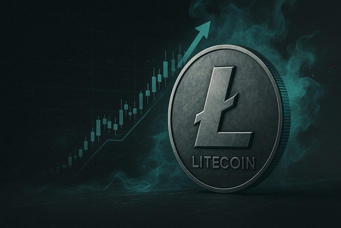 A metallic Litecoin ($LTC) coin stands prominently against a dark background with teal candlestick chart patterns and an upward-trending arrow, visually reinforcing the post's argument that Litecoin's long-standing utility and real-world functionality make its current low valuation seem unjustified.