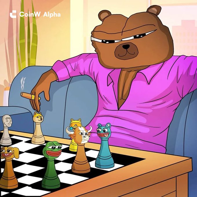 A cartoon illustration shows an anthropomorphic brown bear in a pink shirt smoking a cigar while playing chess against various meme-inspired character pieces; the 'CoinW Alpha' logo appears in the top left.