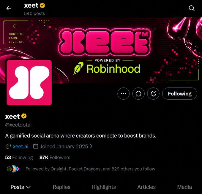 A Twitter/X profile page for 'xeet' (@xeetdotai), showing a banner reading 'XEET POWERED BY Robinhood' with the description 'A gamified social arena where creators compete to boost brands.'