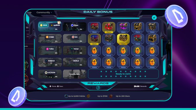 A "Daily Bonus" interface from the World of Dypians game displays three BNB Chain chests and multiple claimable rewards including 210,000 stars, with the text "Ready to claim" shown across various locked item tiles for tokens like BNB, SQD, BSW, SEI, Taiko, Vanar, MANTA, SKALE, and VICTION. The screen highlights daily prizes and rewards tied to the 8,000 Points, 2,100 reward units, and 300 Stars earning tiers.