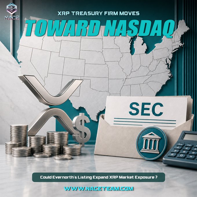 A promotional graphic titled "XRP TREASURY FIRM MOVES TOWARD NASDAQ" featuring an XRP logo, stacked coins, a US map, and an SEC envelope, with the tagline "Could Evernorth's Listing Expand XRP Market Exposure?" and the website "www.naceteam.com" displayed at the bottom. The image visually supports the post's message about Evernorth's progress toward a Nasdaq listing and growing institutional interest in XRP.