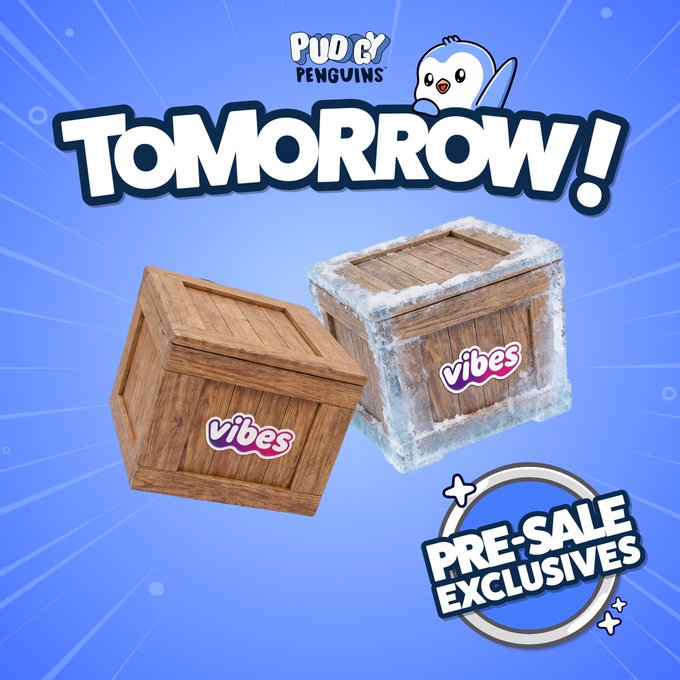 The image features two wooden boxes, one larger than the other, sitting side by side against a blue background with white text that reads " Tomorrow! Vibes pre-sale exclusives". The smaller box has a sticker of a bird on it, while the larger box does not have any stickers.