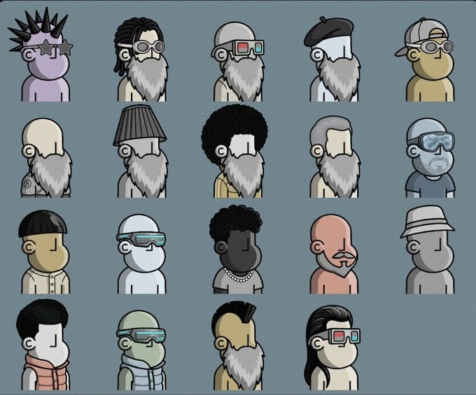 A grid of 20 stylized cartoon character avatars, each featuring distinct hairstyles, facial hair, glasses, and hats in a minimalist art style.
