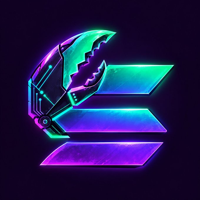 A futuristic neon logo combining a green and purple cybernetic pincer claw with a stylized letter 'E' or 'F' design on a black background.