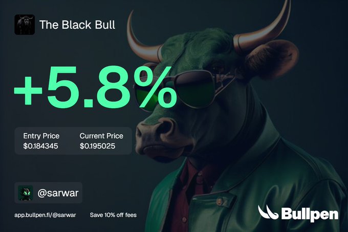A promotional graphic for "The Black Bull" showing a +5.8% return with an entry price of $0.184345 and current price of $0.195025, handled by @sarwar on Bullpen.