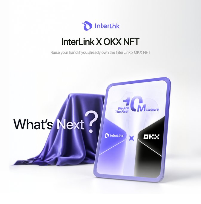 A promotional graphic for the "InterLink X OKX NFT" featuring a digital card displaying "1M" with the text "We Are The First Linkers," alongside a draped purple cloth and the headline "What's Next?"—visually teasing future announcements for holders of this collaborative NFT.