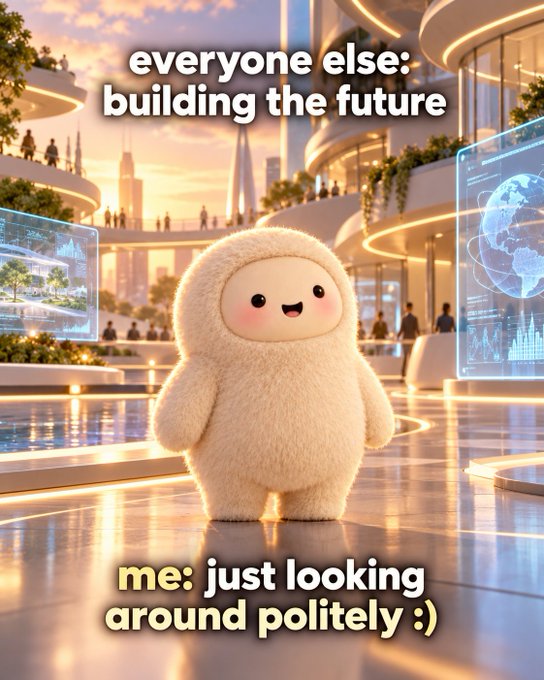 A meme featuring a cute fluffy white character in a futuristic city with text reading 'everyone else: building the future' and 'me: just looking around politely :)'.