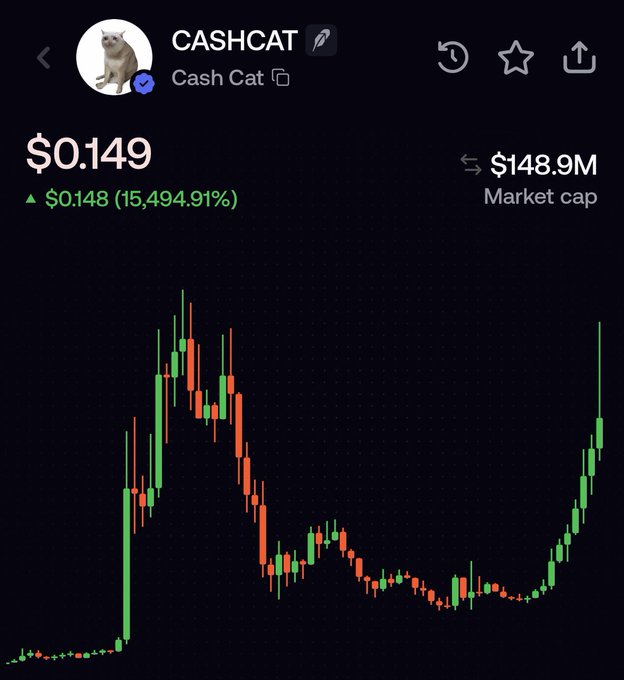 A Robinhood-style crypto chart shows the CASHCAT token at $0.149 with a market cap of $148.9M and a massive 15,494.91% gain, displayed alongside a sharp peak-and-crash candlestick pattern that visually reinforces the post's warning about FOMO buying at the top of a hyped token listing.