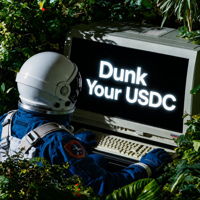 An astronaut in a blue spacesuit types at a vintage computer overgrown with foliage, while the screen displays a glowing "Dunk Your USDC" message—matching the post's ominous sign warning to dump the stablecoin.