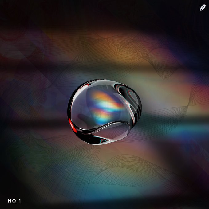 A glossy, reflective 3D sphere floats against a dark background with subtle colorful wave patterns, labeled 'NO 1' in the bottom left.