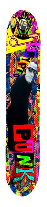 A vibrantly colored, psychedelic skateboard deck featuring the text "CRYPT PUNK" in bold letters, with a stylized black figure wearing sunglasses in the center.