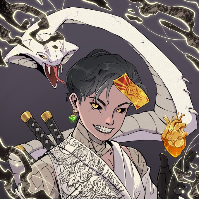 A confident character with dark hair, golden teeth, and a snake companion looms behind him, accessorized with two swords, a jade earring, and an anatomical heart, embodying the bold, bullish energy of the Shinka NFT community rallying for growth on Robinhood.