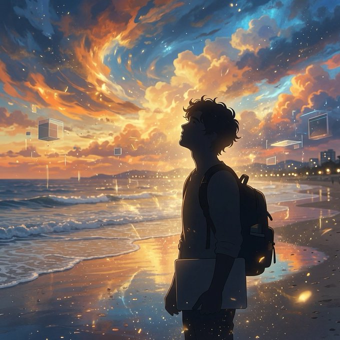 An anime-style illustration of a silhouetted young man with a backpack and laptop standing on a beach at sunset, gazing up at a vibrant orange and blue sky filled with floating cubes.