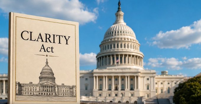 A graphic showing a book titled 'CLARITY Act' in front of the US Capitol building under a partly cloudy blue sky.